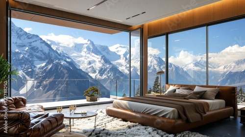 A modern, stylish hotel room with a balcony and amazing views of the mountains, offering inside-the-bed tea service, a balcony view, mountain hotel architecture concept