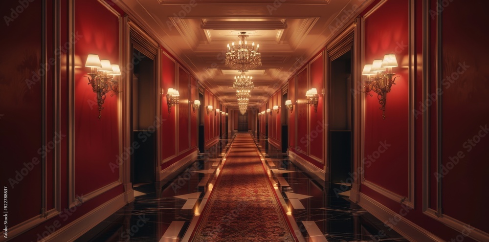 Fototapeta premium Luxury hotel hallway wide angle panorama symmetric banner in red
