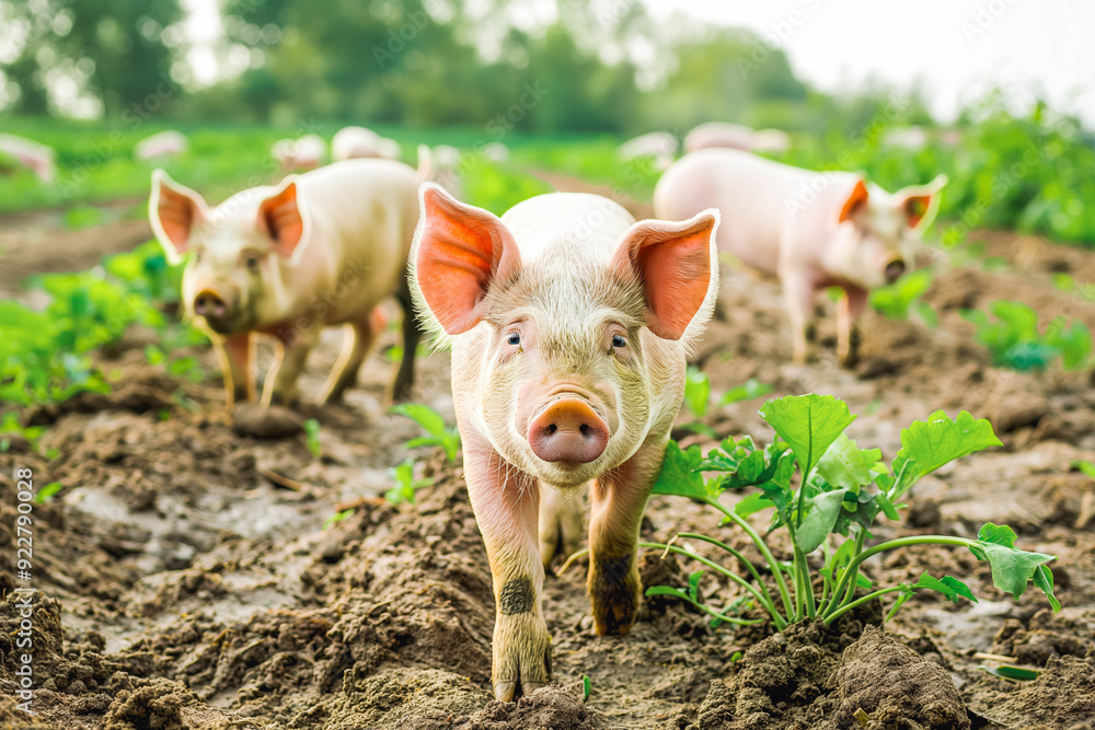 Happy pigs roaming free and farm meadow and mud. Farm animal welfare and care Happy pigs roaming free and farm meadow and mud. Farm animal welfare and care