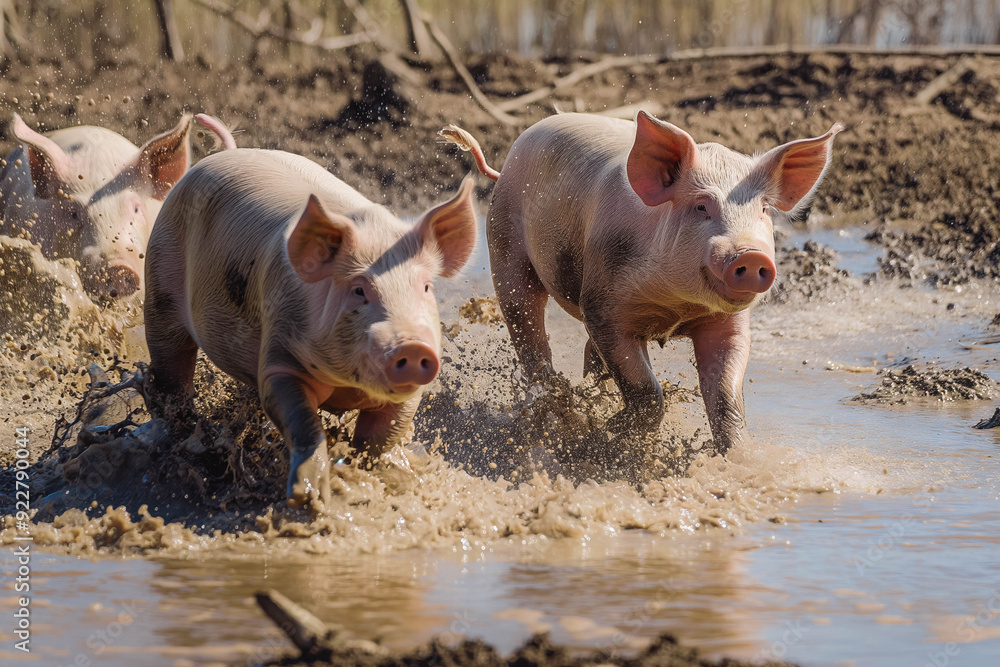 Happy pigs roaming free and farm meadow and mud. Farm animal welfare and care Happy pigs roaming free and farm meadow and mud. Farm animal welfare and care