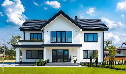 white two-story family house with a black roof featuring gable and flat tiles.