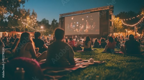 A lively group gathers on the grass, enjoying an outdoor movie screening amidst warm, inviting lights as night falls.