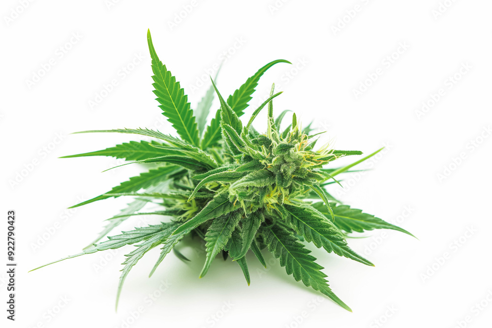 High-grade marijuana bud, rich in trichomes and with visible hairs, showcasing its potency, isolated on a white background High-grade marijuana bud, rich in trichomes and with visible hairs, showcasing its potency, isolated on a white background
