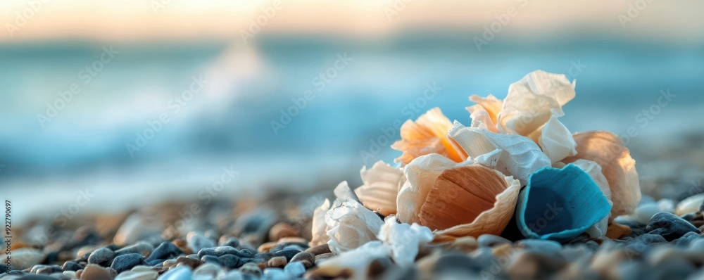 Naklejka premium A close-up of colorful seashells scattered on a sandy beach with gentle waves in the background, perfect for coastal themes.