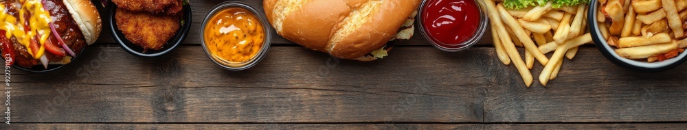 Unhealthy Fast Food Feast on a Wooden Table, A Close-up Look at the Impact of National Fast Food Day Indulgence. Unhealthy Fast Food Feast on a Wooden Table, A Close-up Look at the Impact of National Fast Food Day Indulgence.