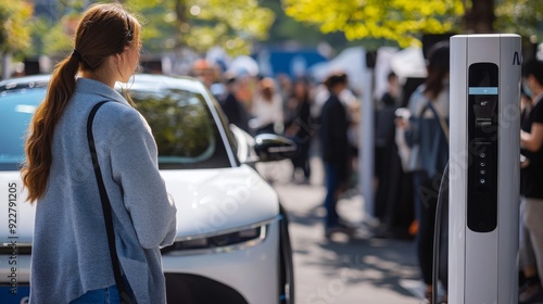 Fototapeta Naklejka Na Ścianę i Meble -  A woman stands next to an electric vehicle charging station, observing the crowds and activities around her in a lively urban environment.