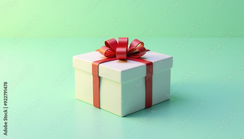 Fototapeta premium A beautifully wrapped present with a red ribbon on a mint green background.