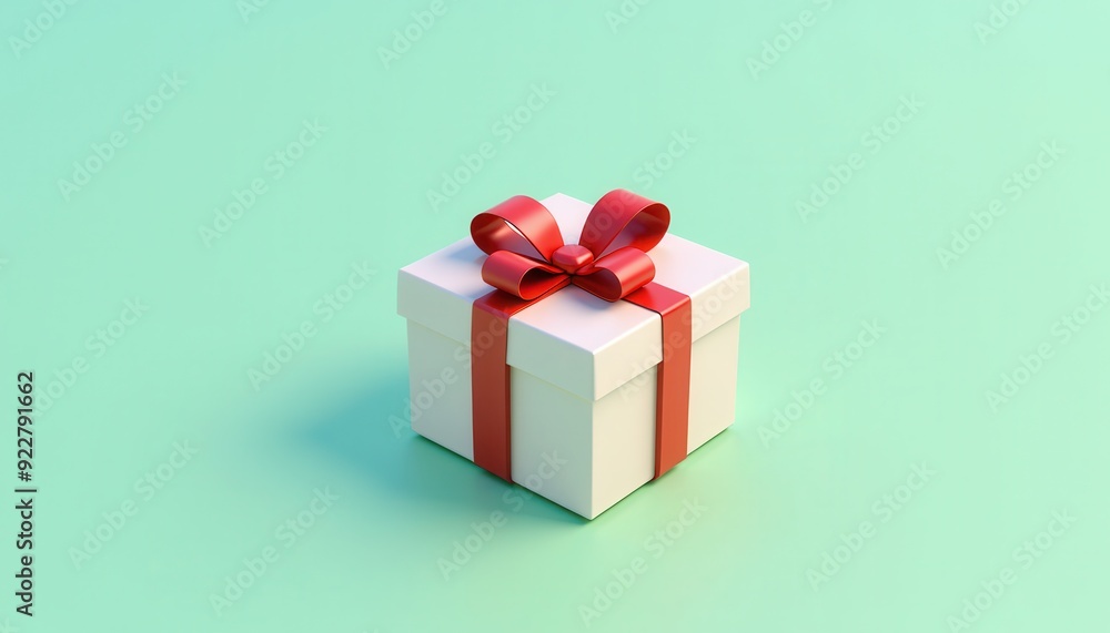 White gift box with a red ribbon and bow on a light green background. White gift box with a red ribbon and bow on a light green background.