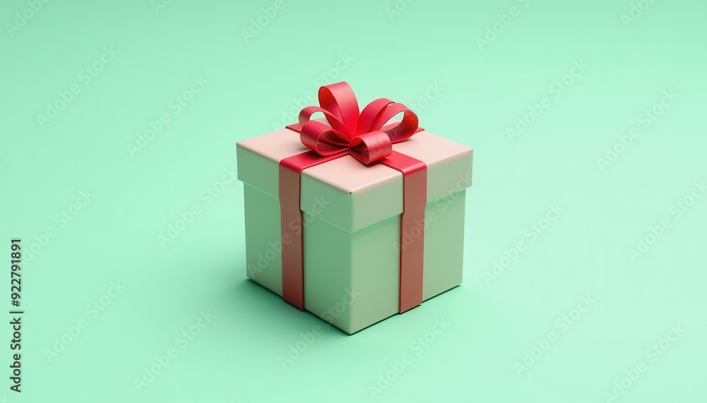 A neatly wrapped gift box with a red ribbon on a pastel green background. A neatly wrapped gift box with a red ribbon on a pastel green background.