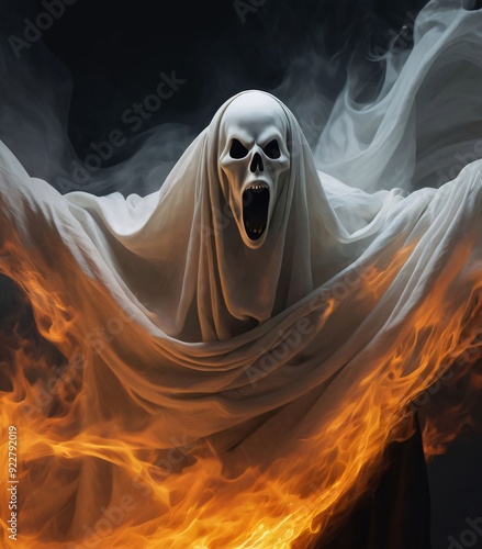 Ghost, Halloween, spooky, scary, horror, supernatural, apparition, specter, phantom, spirit, haunting, eerie, creepy, nightmare, costume, mask, sheet, white, flames, fire, smoke, dark, night, screamin photo