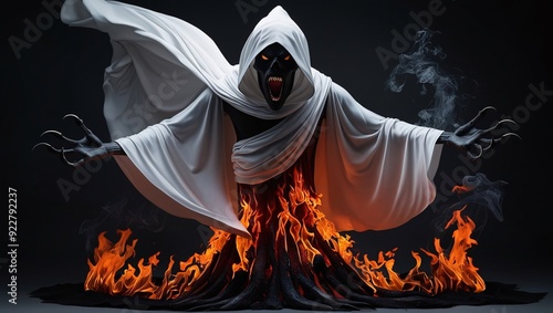 Ghost, Halloween, spooky, scary, horror, supernatural, apparition, specter, phantom, spirit, haunting, eerie, creepy, nightmare, costume, mask, sheet, white, flames, fire, smoke, dark, night, screamin photo