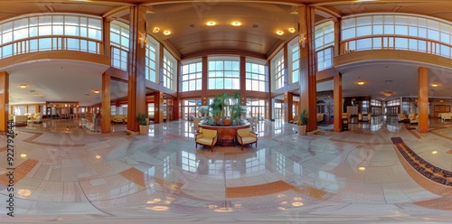 Full panoramic view in equirectangular equidistant projection of the guestroom hall reception of a modern luxury hotel in Minsk, Belarus, August 2017.