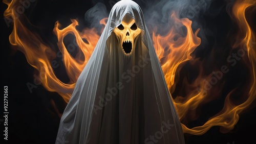 Ghost, Halloween, spooky, scary, horror, supernatural, apparition, specter, phantom, spirit, haunting, eerie, creepy, nightmare, costume, mask, sheet, white, flames, fire, smoke, dark, night, screamin photo