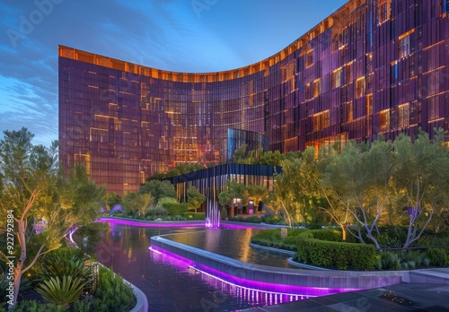During sunset, fountains in front of Wynn Hotel and Casino in Las Vegas, Nevada