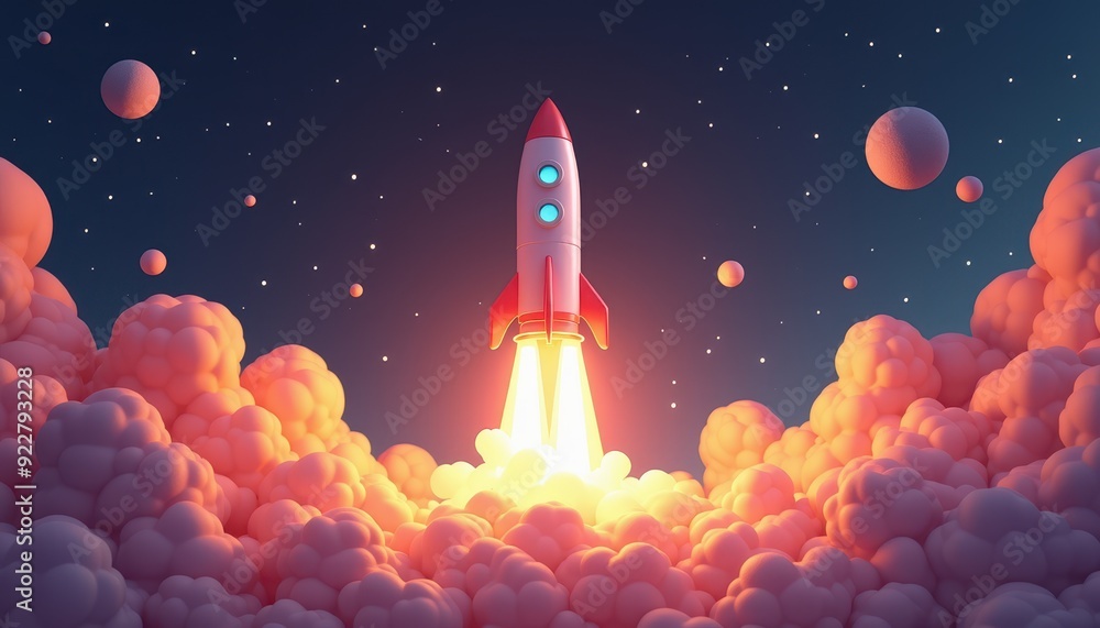 Colorful rocket ship launching into space with plumes of smoke and planets in the starry sky. Colorful rocket ship launching into space with plumes of smoke and planets in the starry sky.