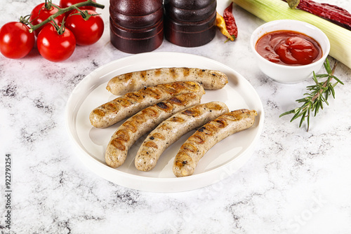 Grilled natural organick white sausages photo