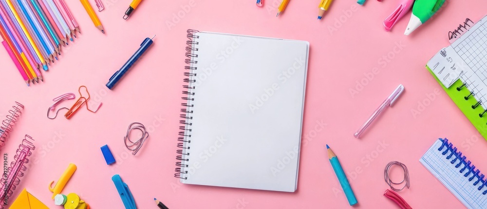 Blank Notebook with Assorted School Supplies on Pink Background Blank Notebook with Assorted School Supplies on Pink Background