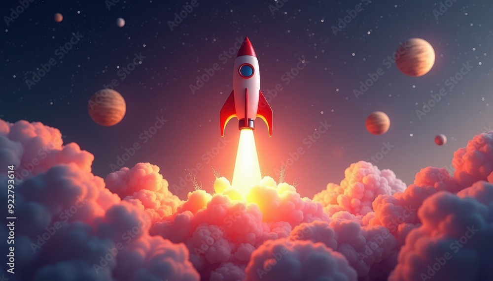 A red and white rocket blasting off through colorful clouds with planets visible in the night sky. A red and white rocket blasting off through colorful clouds with planets visible in the night sky.
