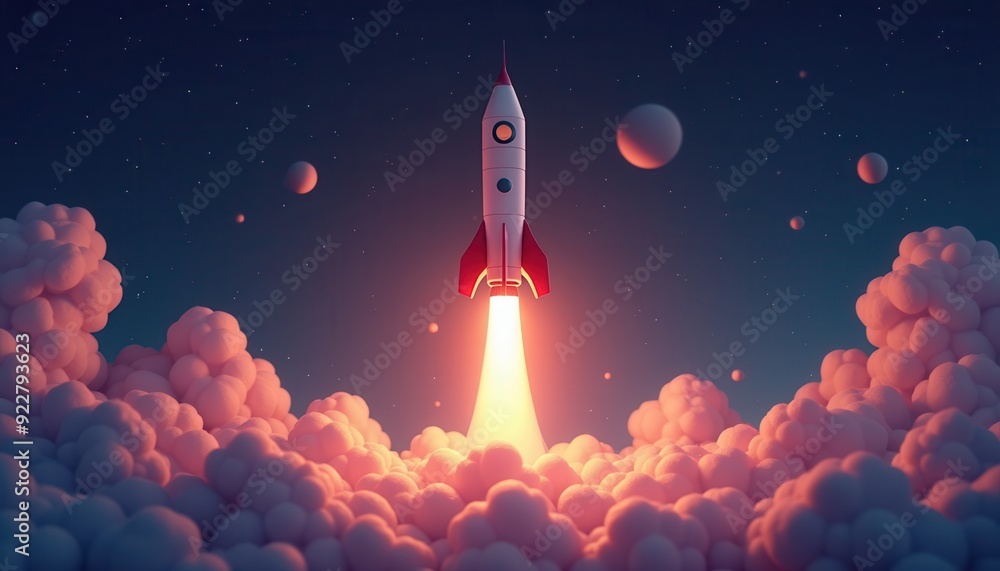 Fototapeta premium A rocket launching into a starry sky surrounded by puffy clouds and glowing light.