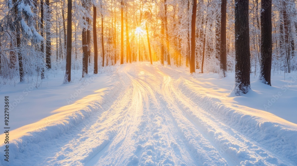 A snow covered road in a forest with the sun shining through, AI A snow covered road in a forest with the sun shining through, AI