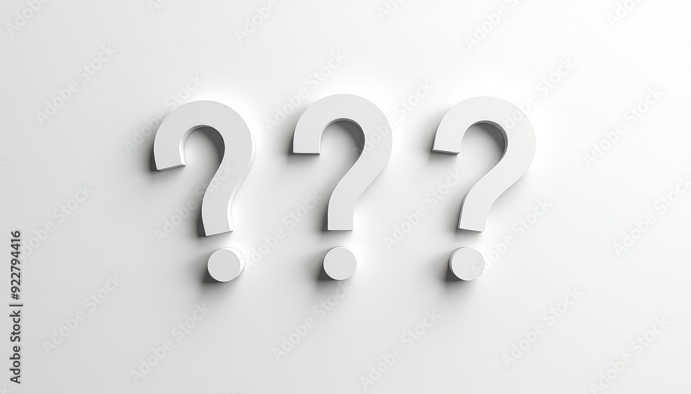 Three large white question marks on a plain white background. Three large white question marks on a plain white background.