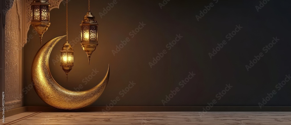 Fototapeta premium Golden Crescent Moon with Intricate Lanterns Hanging in a Room