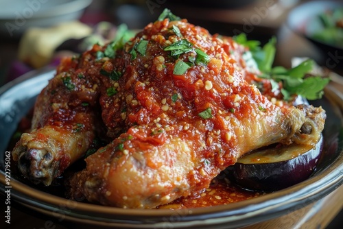 Fried chicken with chili sauce and eggplant on layah. Indonesian special food. East Javanese tomato chili sauce. - generative ai photo