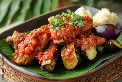 Fried chicken with chili sauce and eggplant on layah. Indonesian special food. East Javanese tomato chili sauce. - generative ai photo