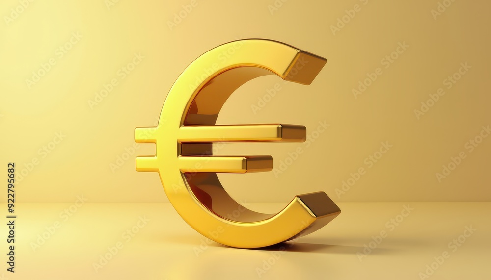 Golden Euro symbol on a reflective surface with a muted yellow background. Golden Euro symbol on a reflective surface with a muted yellow background.