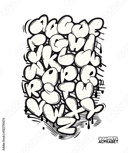 Graffiti alphabet. Comic style hand drawn font isolated on white background.