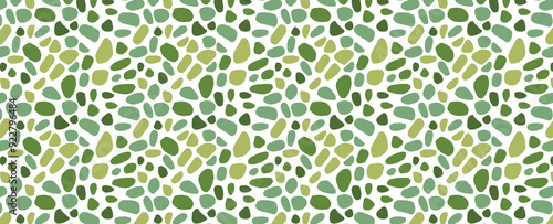 Round stone mosaic pattern. Green pebbles on white. Abstract vector seamless background with green and light green rounded elements. For interior, travel, beauty and spa, textile design