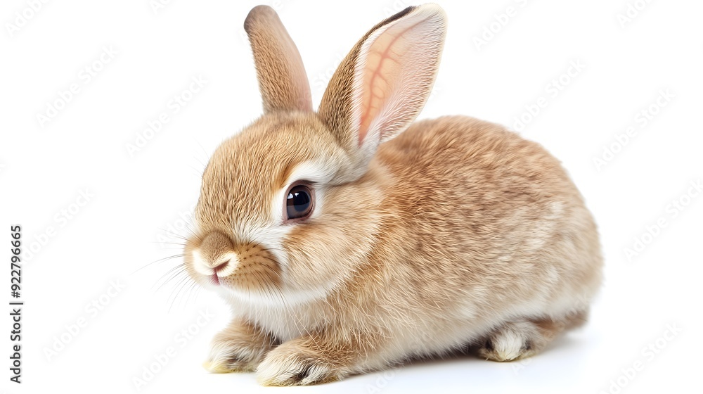 Fototapeta premium A small, curious rabbit with its ears up, positioned on a white background, showcasing its gentle nature and adorable features 