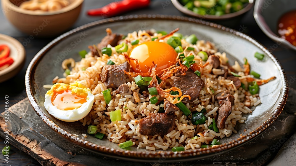 A delicious serving of nasi goreng kambing with aromatic fried rice mixed with tender lamb, topped with crispy fried shallots, fresh green onions, and a perfectly fried egg on a rustic plate A delicious serving of nasi goreng kambing with aromatic fried rice mixed with tender lamb, topped with crispy fried shallots, fresh green onions, and a perfectly fried egg on a rustic plate