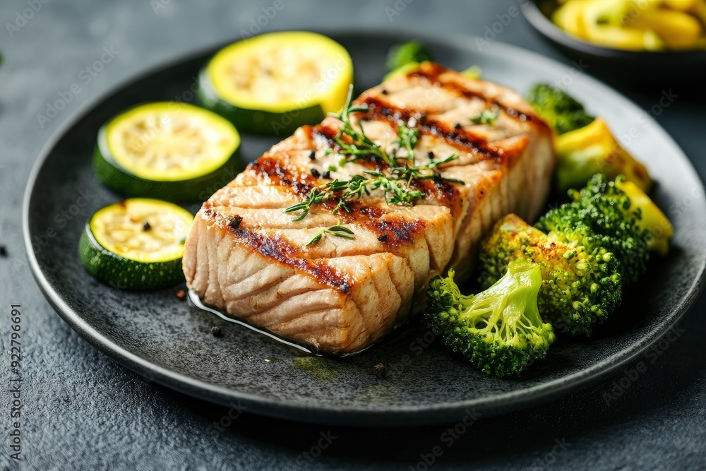Grilled tuna steak with broccoli and zucchini in modern ceramic plate. Healthy food - roasted tuna with green vegetables. Fish dish in minimal style. - generative ai Grilled tuna steak with broccoli and zucchini in modern ceramic plate. Healthy food - roasted tuna with green vegetables. Fish dish in minimal style. - generative ai