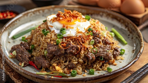 Plate of fragrant fried rice with tender lamb, garnished with fried shallots, green onions, and a fried egg on a rustic ceramic plate, showcasing traditional Asian cuisine and delicious flavors