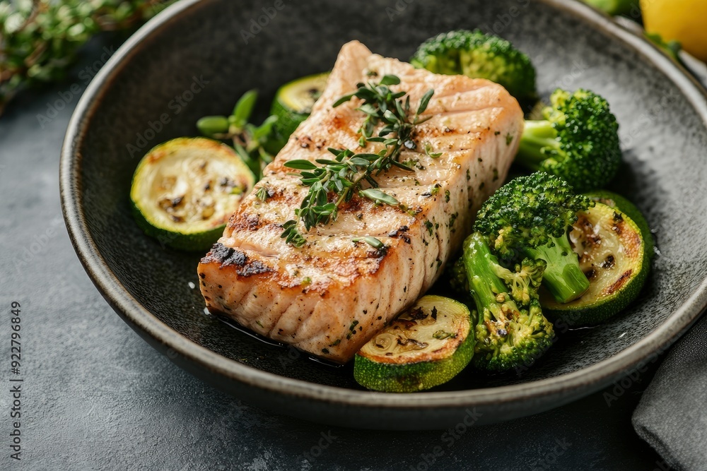 Grilled tuna steak with broccoli and zucchini in modern ceramic plate. Healthy food - roasted tuna with green vegetables. Fish dish in minimal style. - generative ai Grilled tuna steak with broccoli and zucchini in modern ceramic plate. Healthy food - roasted tuna with green vegetables. Fish dish in minimal style. - generative ai