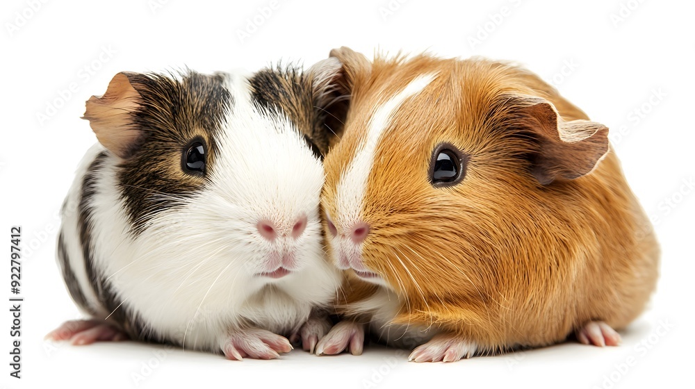 A pair of guinea pigs cuddling together on a white background, highlighting their close bond and the cuteness of small pets A pair of guinea pigs cuddling together on a white background, highlighting their close bond and the cuteness of small pets