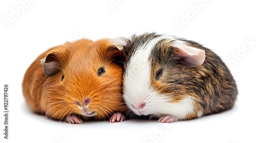 A pair of guinea pigs cuddling together on a white background, highlighting their close bond and the cuteness of small pets