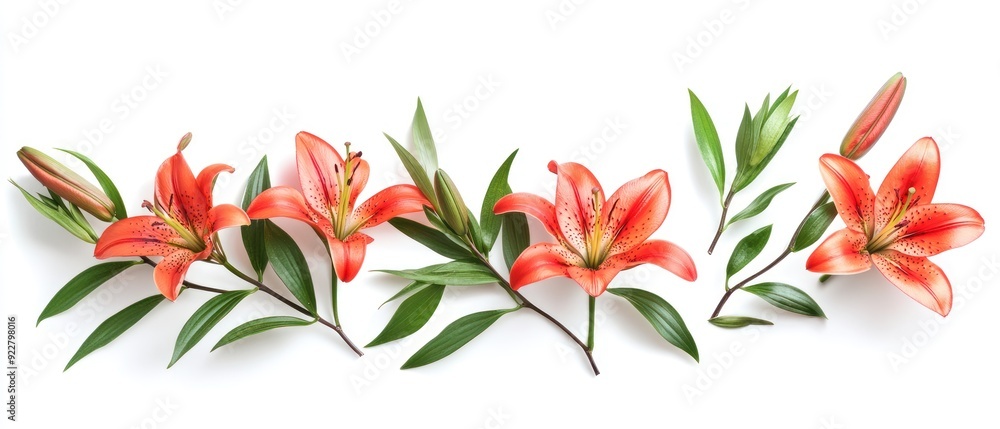 Orange Lily Flowers and Green Leaves on White Background Orange Lily Flowers and Green Leaves on White Background