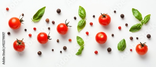 Red Tomatoes, Basil Leaves, and Black Peppercorns on White Background