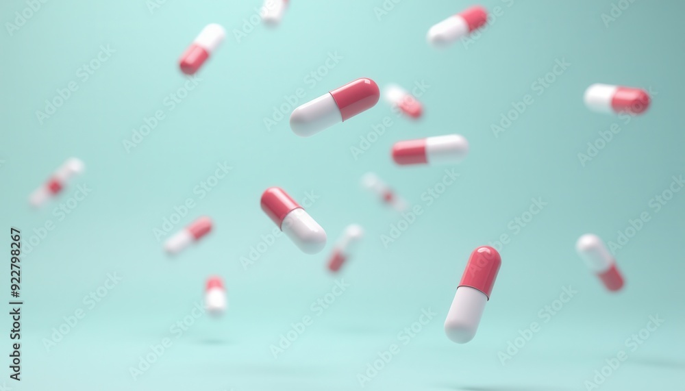 Floating red and white capsules on a teal background, representing pharmaceutical or medical concept. Floating red and white capsules on a teal background, representing pharmaceutical or medical concept.