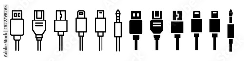 Usb cable Icon. Charger cable set. Linear and silhouette.
