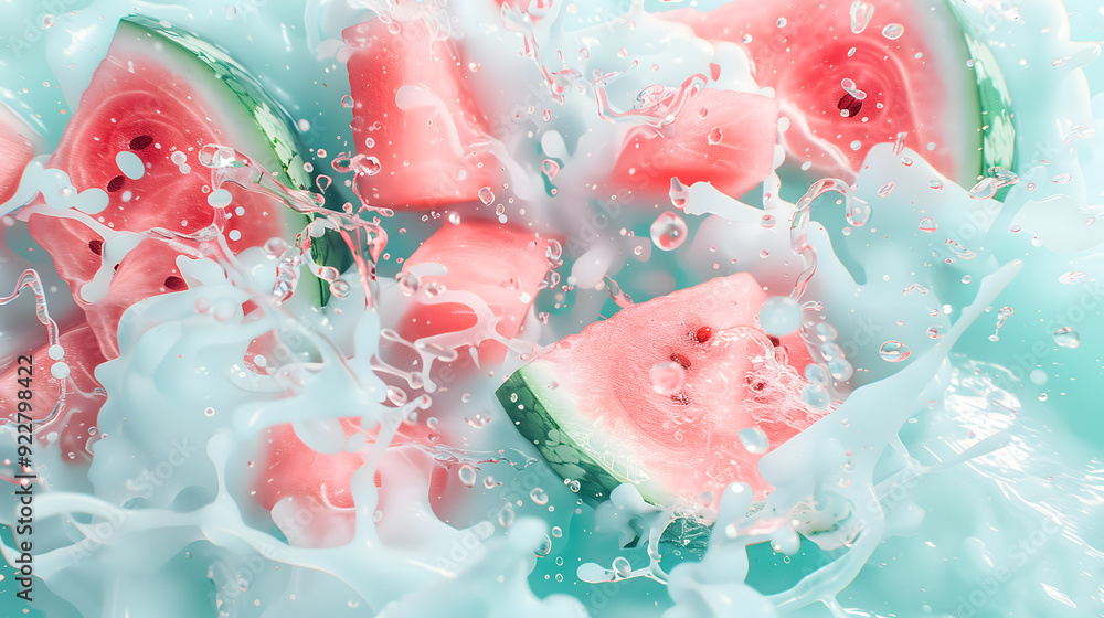 The freshest pieces of watermelon floating in the clearest water The freshest pieces of watermelon floating in the clearest water
