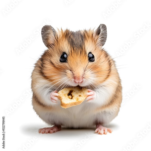 A tiny hamster holding a piece of food, centered on a white background, emphasizing its small size and endearing qualities photo