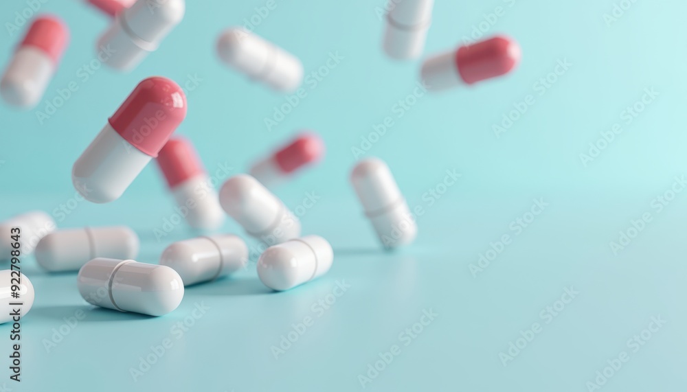 Floating capsules with red and white sections against a soft blue background. Floating capsules with red and white sections against a soft blue background.