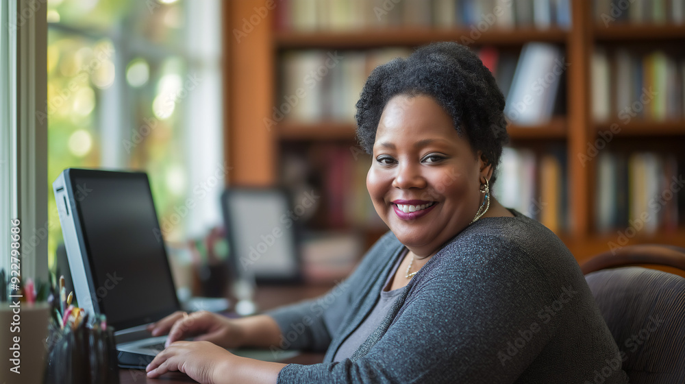 Plus size African-American Businesswoman working at desk in office, copy space Plus size African-American Businesswoman working at desk in office, copy space
