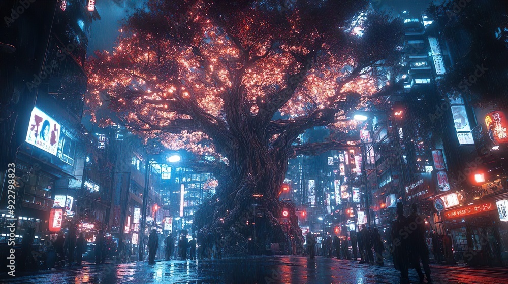 Fototapeta premium The City of Light adorned by a large branched tree picture