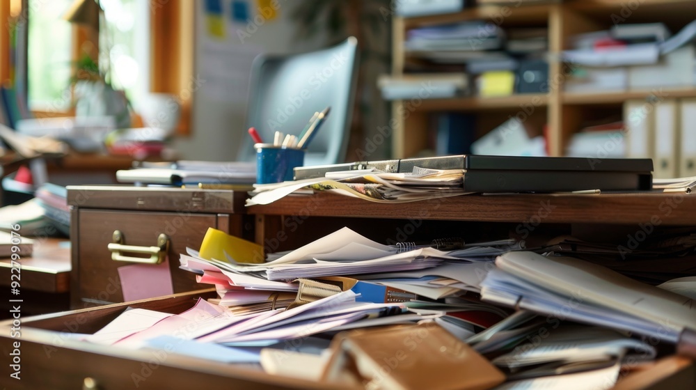 A chaotic office space with an overflow of documents and reports spilling out of a desk drawer, illustrating a cluttered work environment. A chaotic office space with an overflow of documents and reports spilling out of a desk drawer, illustrating a cluttered work environment.