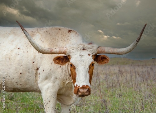 Foto a Texas longhorn cow in a pasture in the Oklahoma panhandle.
