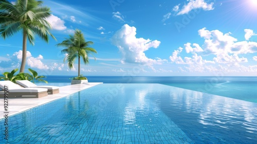 Landscape with blue sky and clouds and a stunning swimming pool. Tropical resort hotel in Maldives with loungers, umbrellas, and palm leaves. Luxury travel vacation.